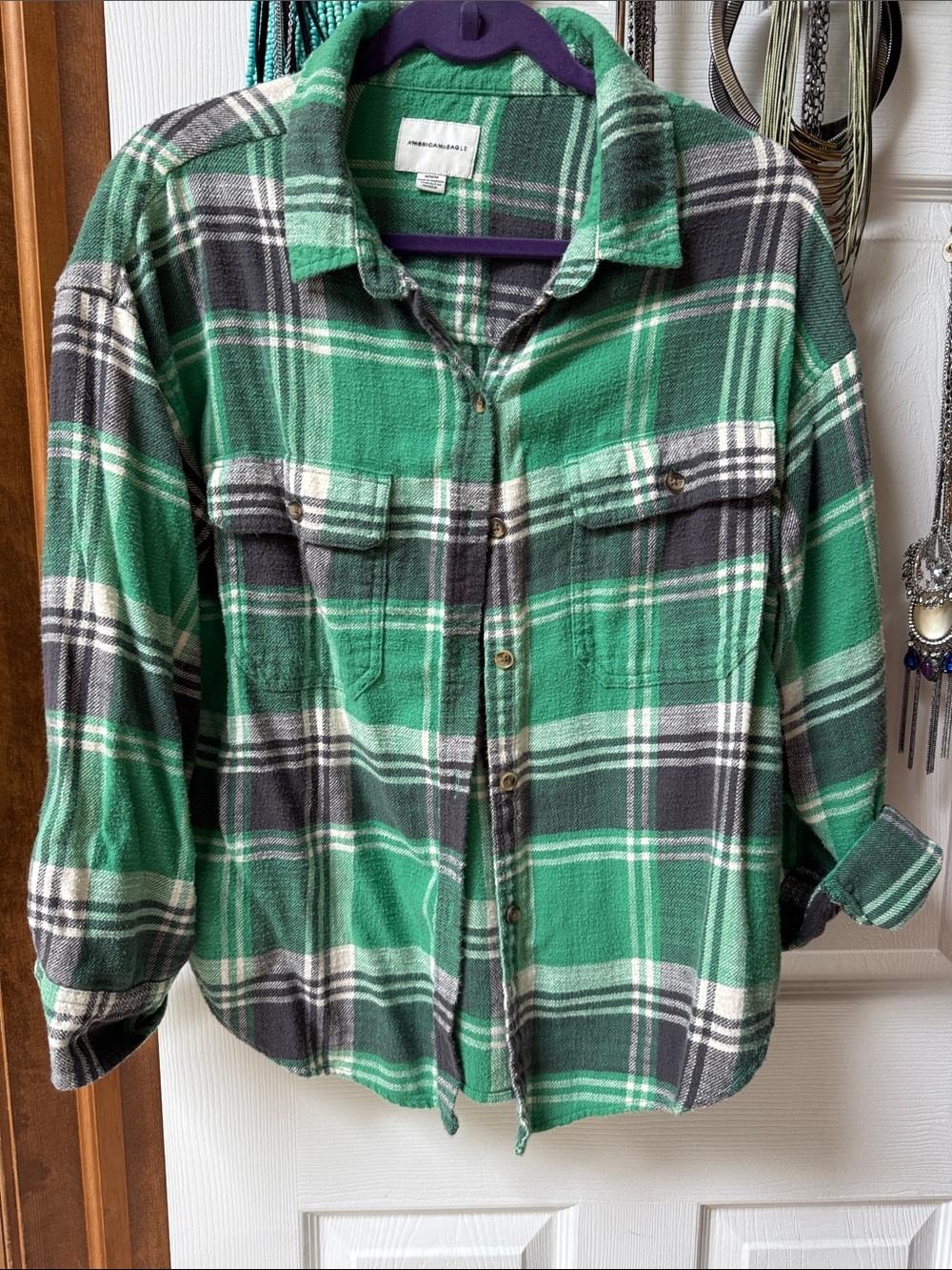 American Eagle Outfitters Green and Gray Plaid Button-Down Shirt